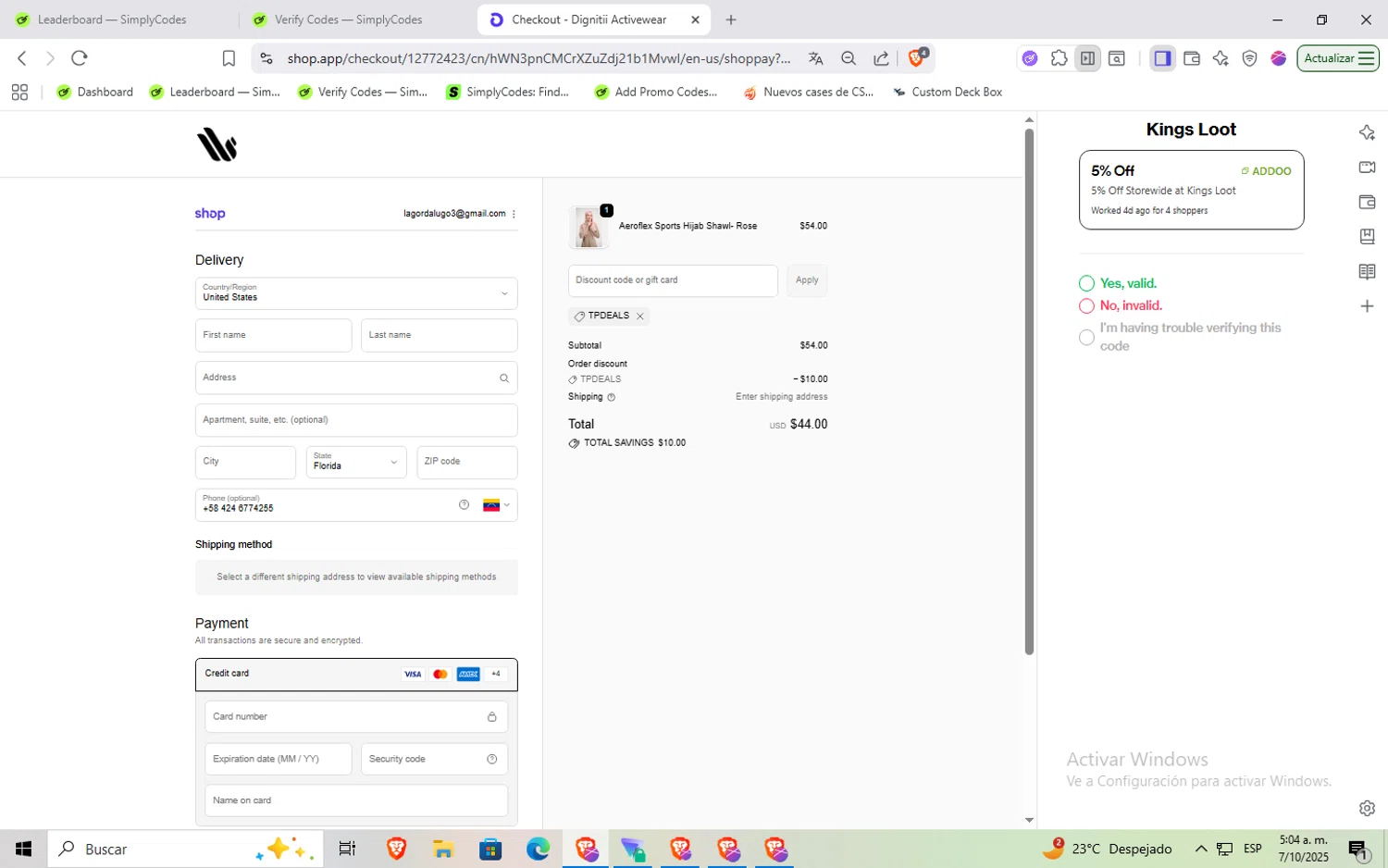 Dignitii Activewear promo code screenshot showing code TPDEALS applied at Dignitii Activewear checkout page. Uploaded by SimplyCodes community member Rayyyyyy on Oct 7, 2025