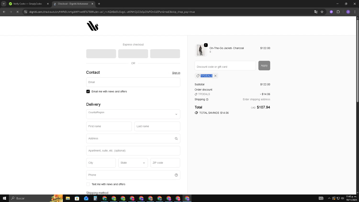 Dignitii Activewear promo code screenshot showing code TPDEALS applied at Dignitii Activewear checkout page. Uploaded by SimplyCodes community member SAKURA on Nov 20, 2025