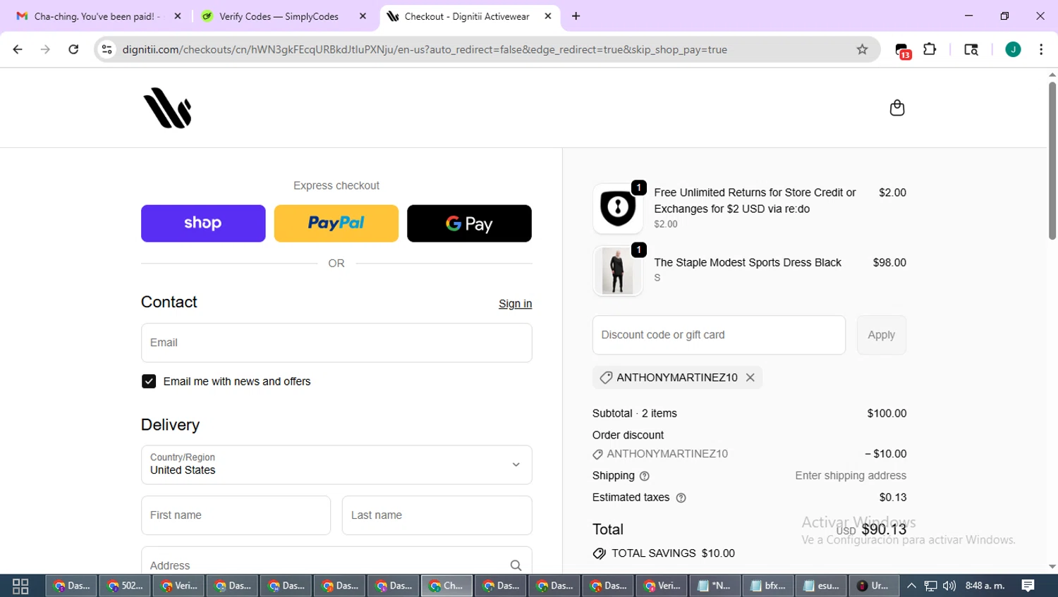 Dignitii Activewear promo code screenshot showing code ANTHONYMARTINEZ10 applied at Dignitii Activewear checkout page. Uploaded by SimplyCodes community member SavvyCurator1770 on Oct 3, 2025