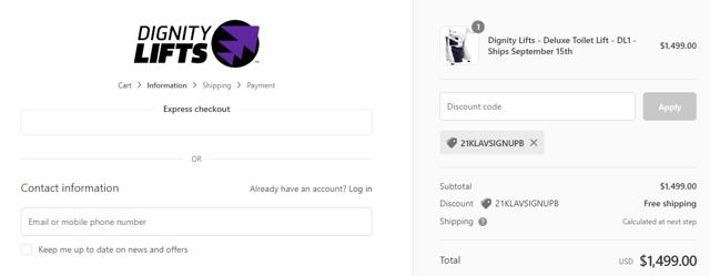 Dignity Lifts checkout page showing Dignity Lifts promo code box | Screenshot taken by SimplyCodes community member on Oct 3, 2021