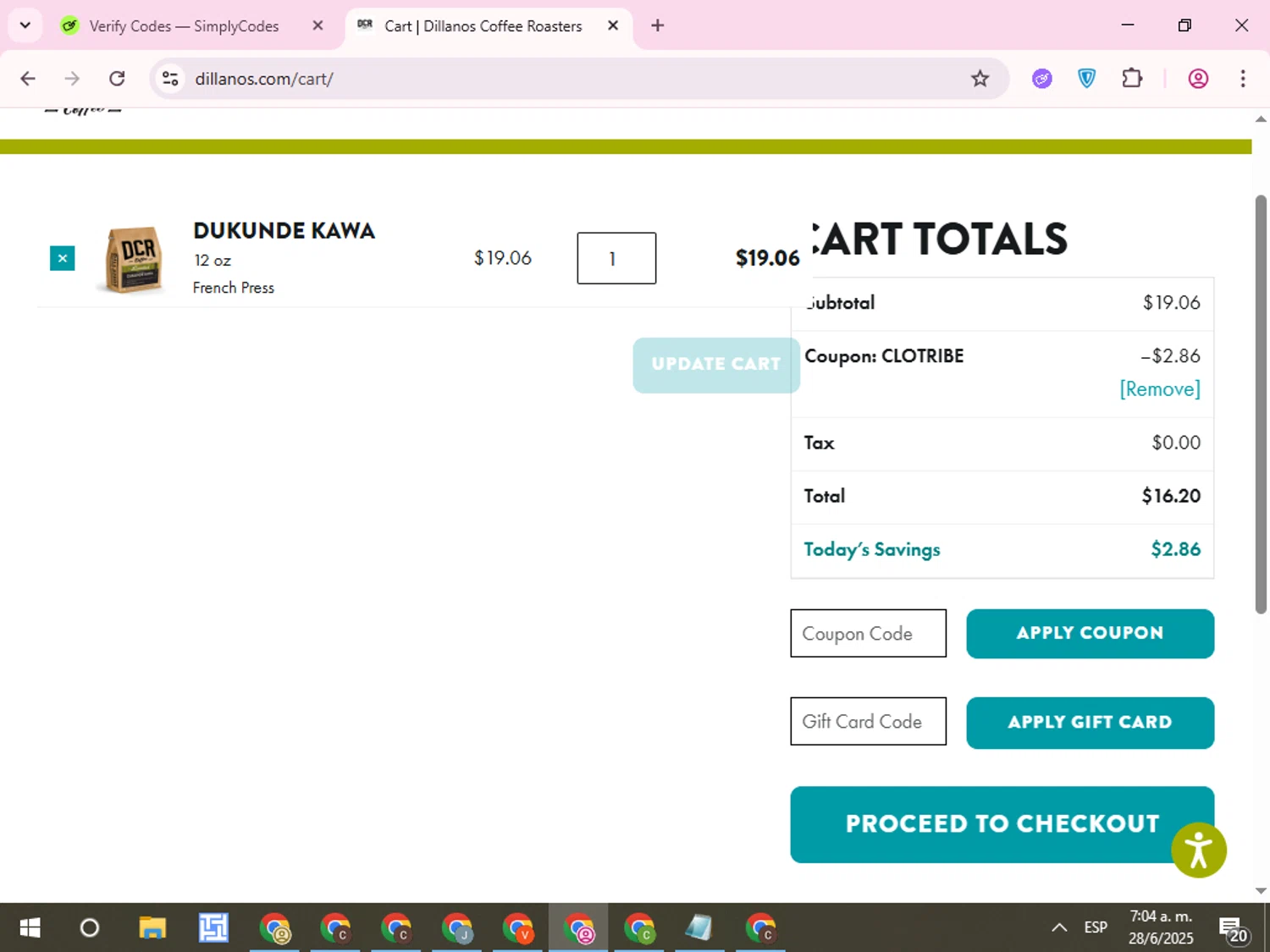 Dillanos Coffee Roasters promo code screenshot showing code clotribe applied at Dillanos Coffee Roasters checkout page. Uploaded by SimplyCodes community member QuestCurator1644 on Jun 28, 2025