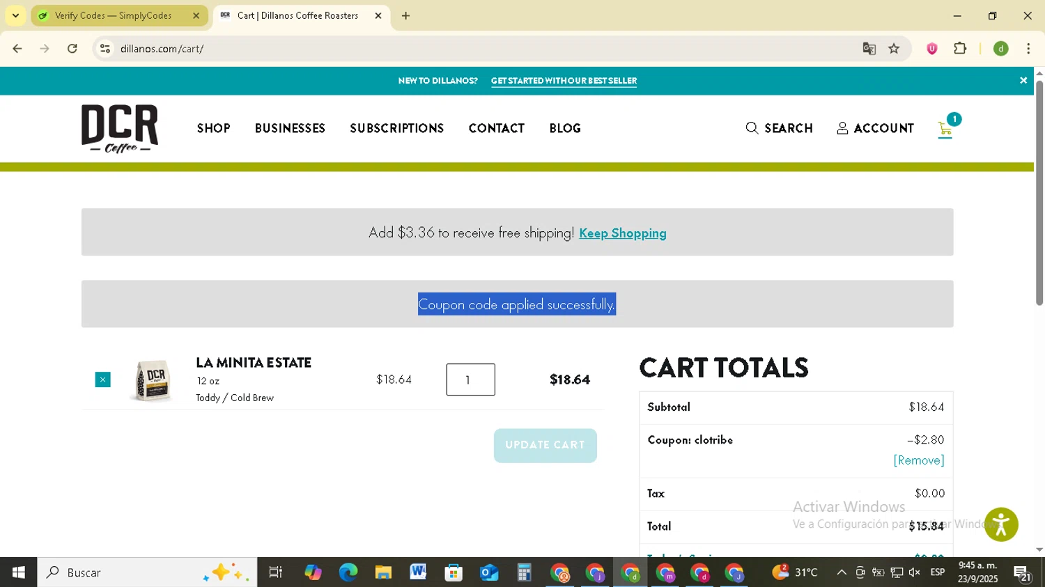 Dillanos Coffee Roasters promo code screenshot showing code clotribe applied at Dillanos Coffee Roasters checkout page. Uploaded by SimplyCodes community member SavingsSentinel833 on Sep 23, 2025