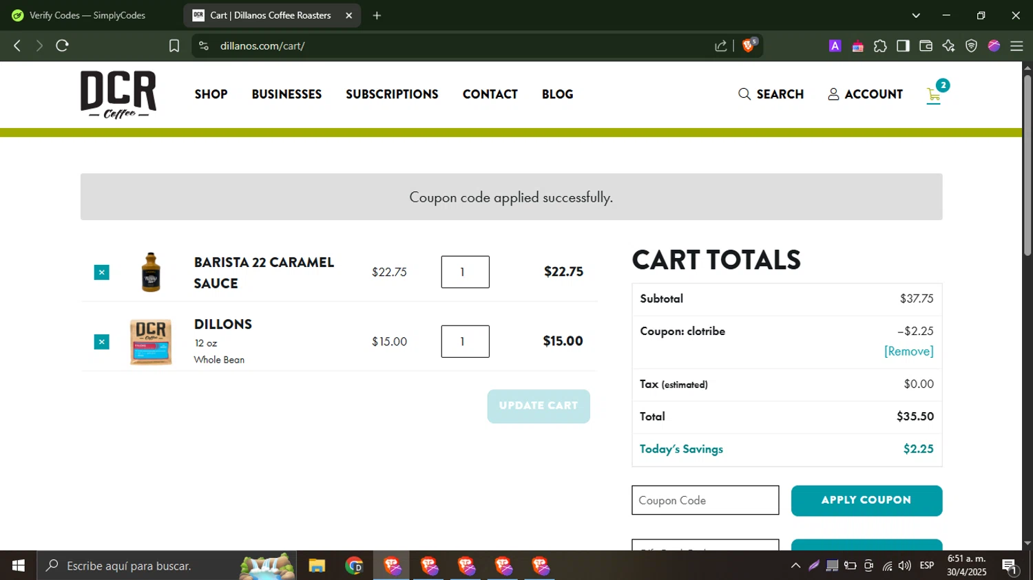 Dillanos Coffee Roasters checkout page showing Dillanos Coffee Roasters promo code box | Screenshot taken by SimplyCodes community member on Apr 30, 2025