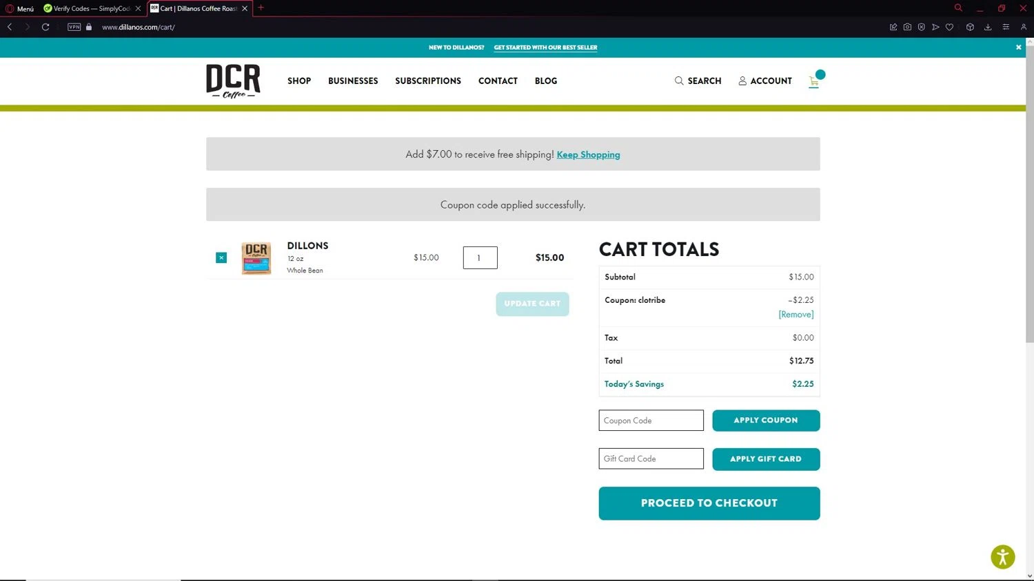 Dillanos Coffee Roasters checkout page showing Dillanos Coffee Roasters promo code box | Screenshot taken by SimplyCodes community member on Apr 30, 2025