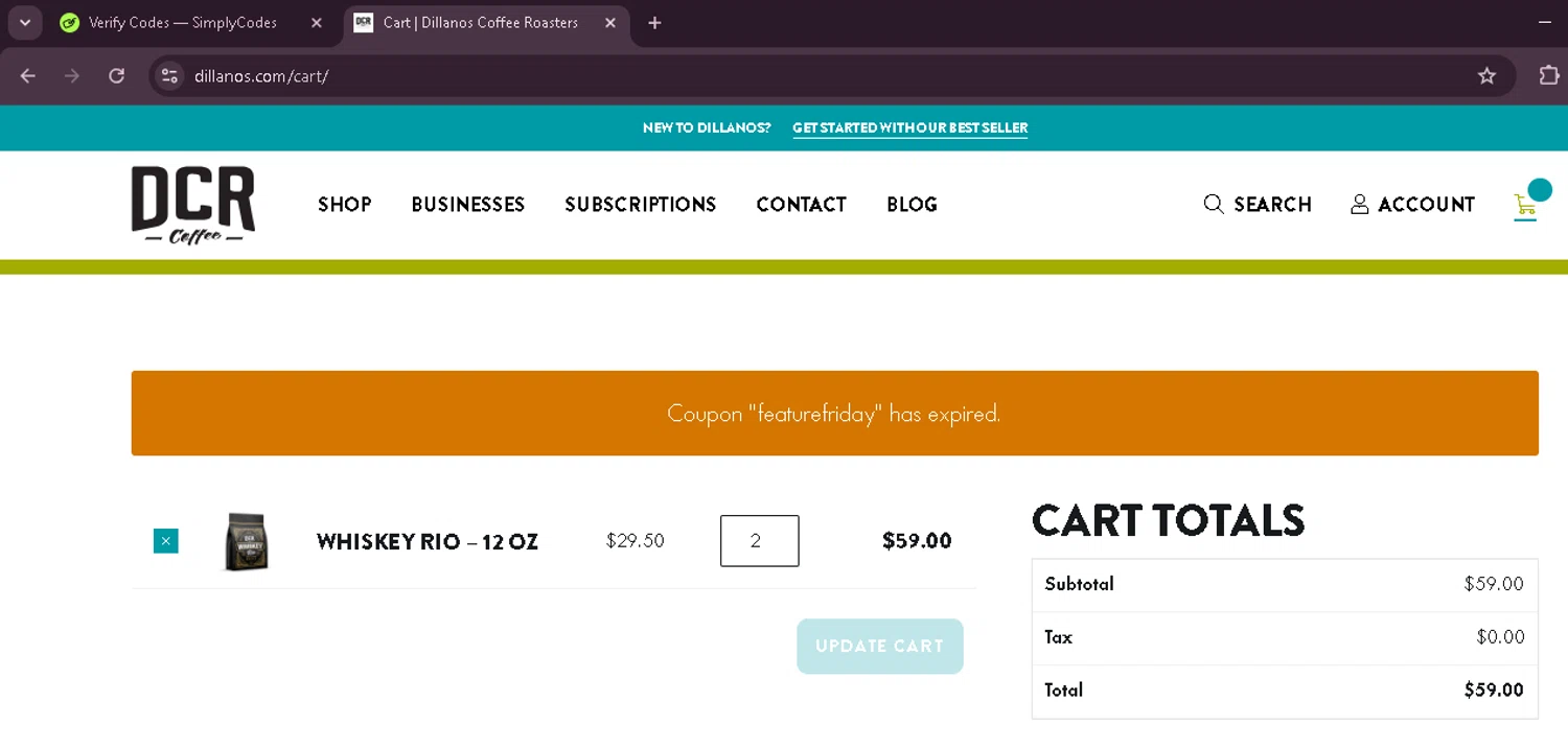 Dillanos Coffee Roasters promo code screenshot showing code FEATUREFRIDAY applied at Dillanos Coffee Roasters checkout page. Uploaded by SimplyCodes community member EnmanuelEDITOR on Jan 4, 2026
