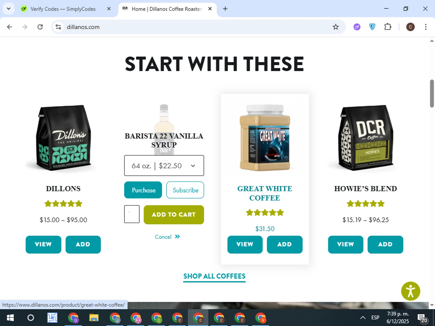Dillanos Coffee Roasters promo code screenshot showing code FEATUREFRIDAY applied at Dillanos Coffee Roasters checkout page. Uploaded by SimplyCodes community member TreasureFox8596 on Dec 6, 2025