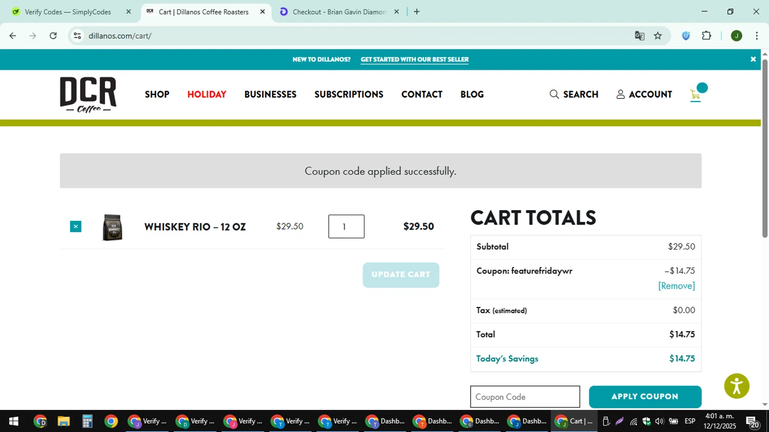Dillanos Coffee Roasters promo code screenshot showing code FEATUREFRIDAYWR applied at Dillanos Coffee Roasters checkout page. Uploaded by SimplyCodes community member ShieldFinder369 on Dec 12, 2025
