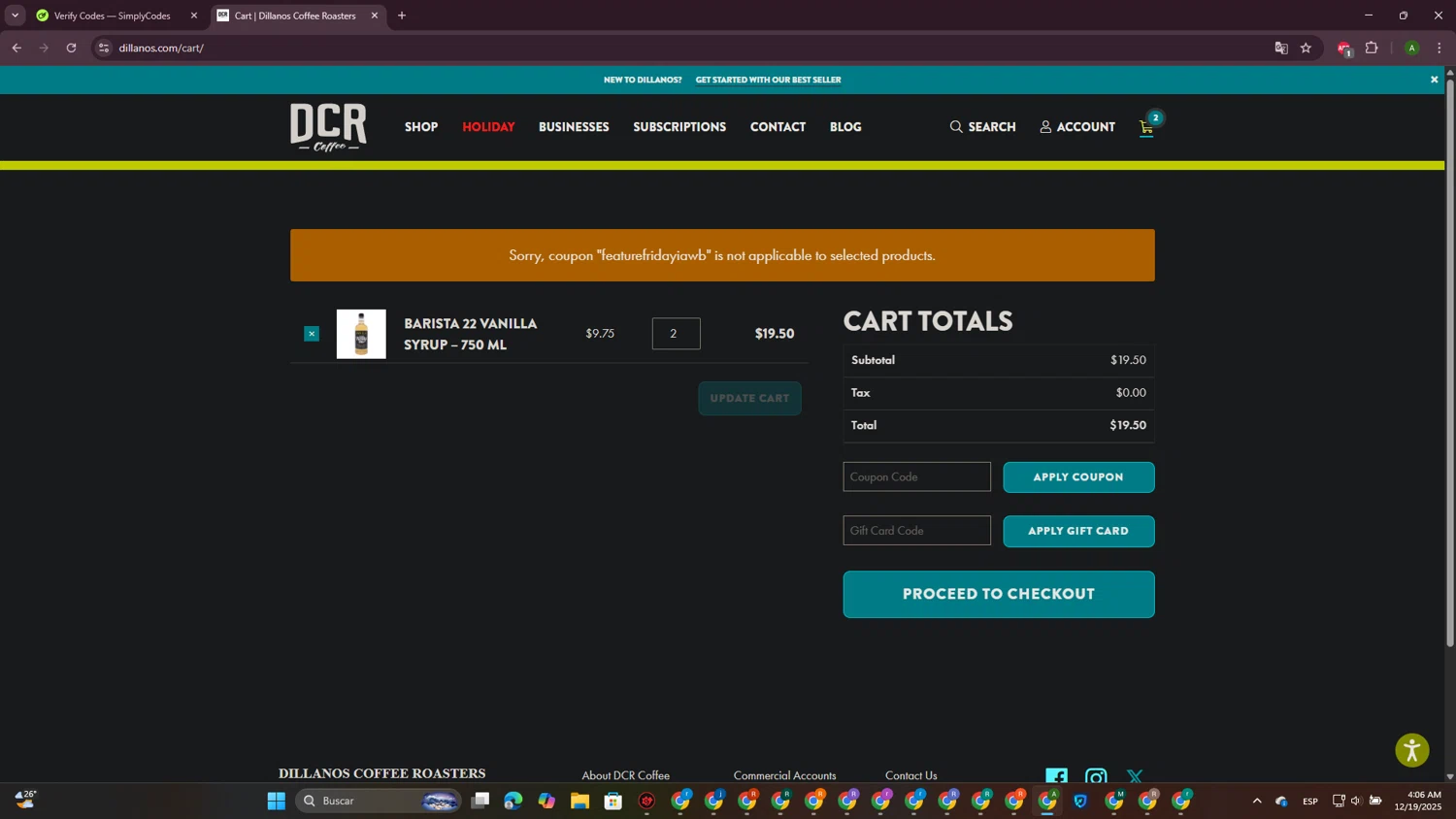Dillanos Coffee Roasters promo code screenshot showing code FEATUREFRIDAYIAWB applied at Dillanos Coffee Roasters checkout page. Uploaded by SimplyCodes community member CrownPioneer7057 on Dec 19, 2025