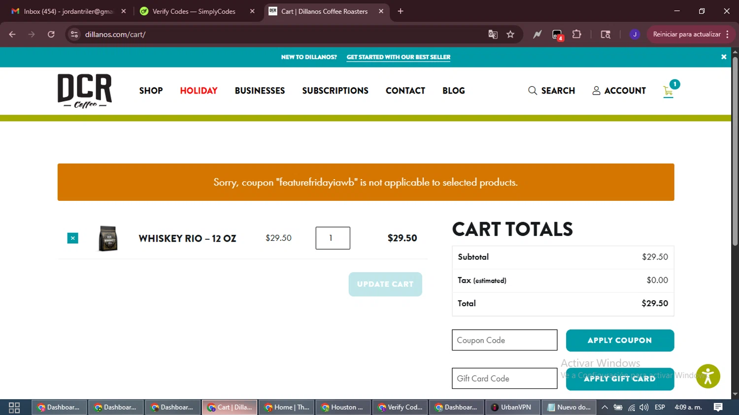Dillanos Coffee Roasters promo code screenshot showing code FEATUREFRIDAYIAWB applied at Dillanos Coffee Roasters checkout page. Uploaded by SimplyCodes community member LegendaryLegend9872 on Dec 19, 2025