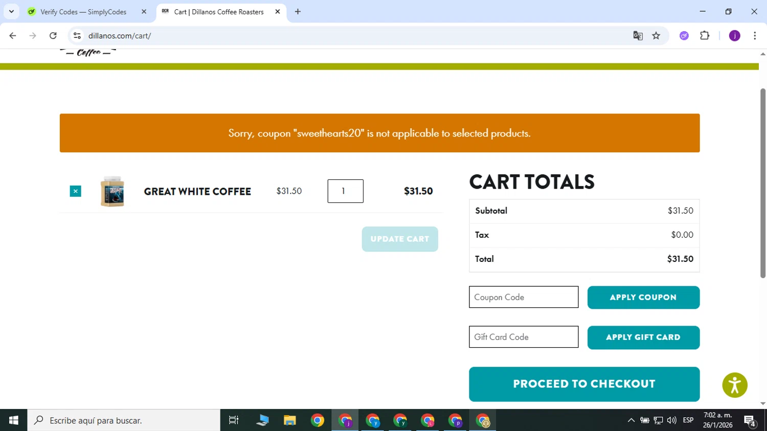 Dillanos Coffee Roasters promo code screenshot showing code SWEETHEARTS20 applied at Dillanos Coffee Roasters checkout page. Uploaded by SimplyCodes community member CodeLynx5272 on Jan 26, 2026
