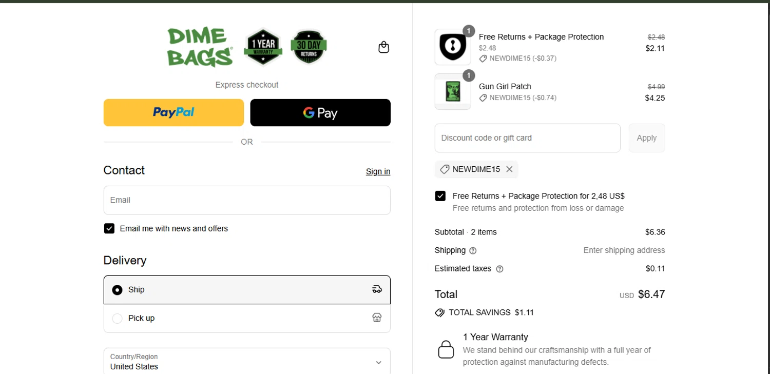 Dime Bags discount code screenshot showing code NEWDIME15 applied at Dime Bags checkout page. Uploaded by SimplyCodes community member davisams on Sep 14, 2025