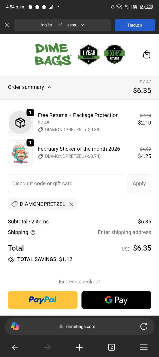 Dime Bags checkout page showing Dime Bags discount code box | Screenshot taken by SimplyCodes community member on Feb 8, 2026