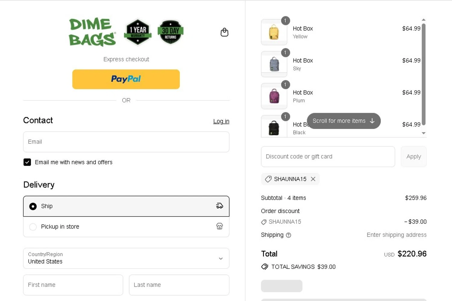 Dime Bags discount code screenshot showing code SHAUNNA15 applied at Dime Bags checkout page. Uploaded by SimplyCodes community member LAMINEJAMAL on Jul 21, 2025