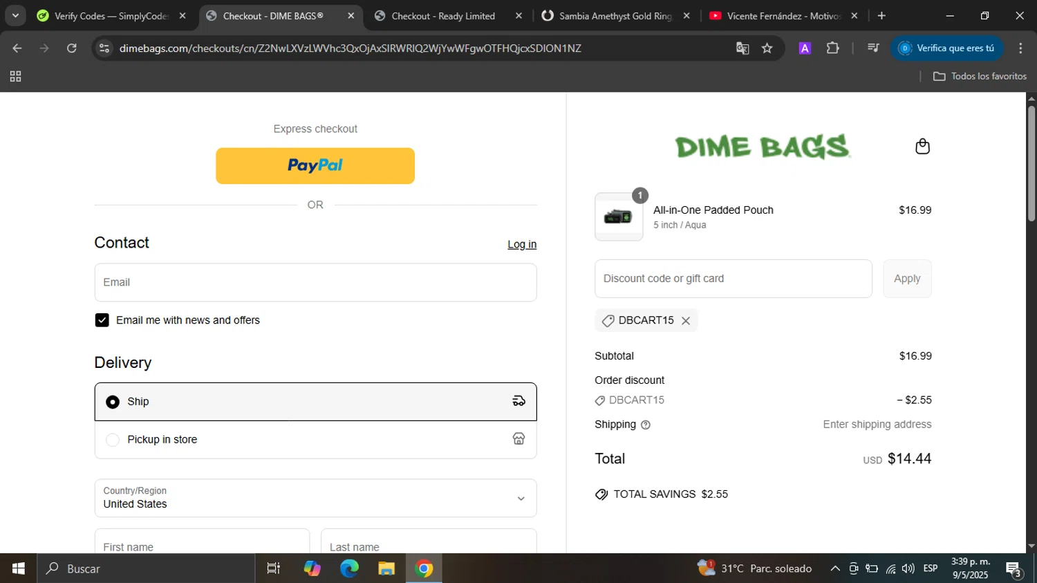 Dime Bags discount code screenshot showing code dbcart15 applied at Dime Bags checkout page. Uploaded by SimplyCodes community member DealMaverick1323 on May 9, 2025