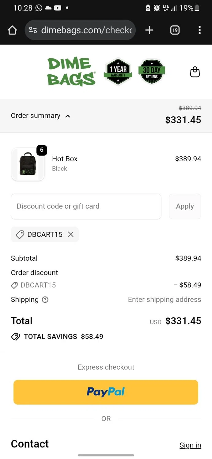 Dime Bags discount code screenshot showing code dbcart15 applied at Dime Bags checkout page. Uploaded by SimplyCodes community member miguelcrast on Nov 22, 2025