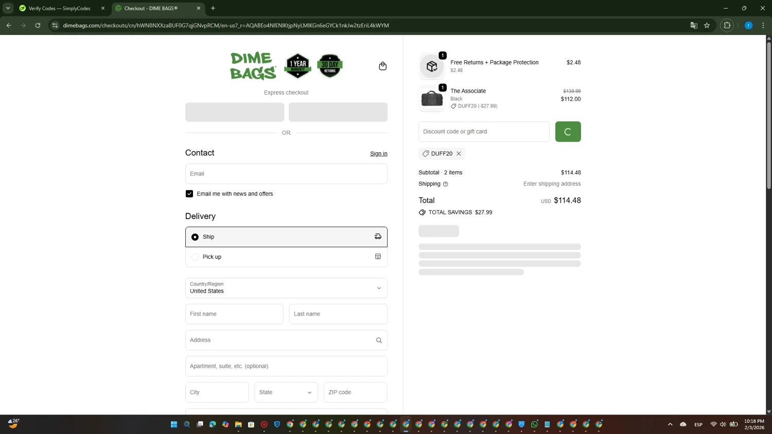 Dime Bags discount code screenshot showing code DUFF20 applied at Dime Bags checkout page. Uploaded by SimplyCodes community member RewardVoyager146 on Feb 4, 2026