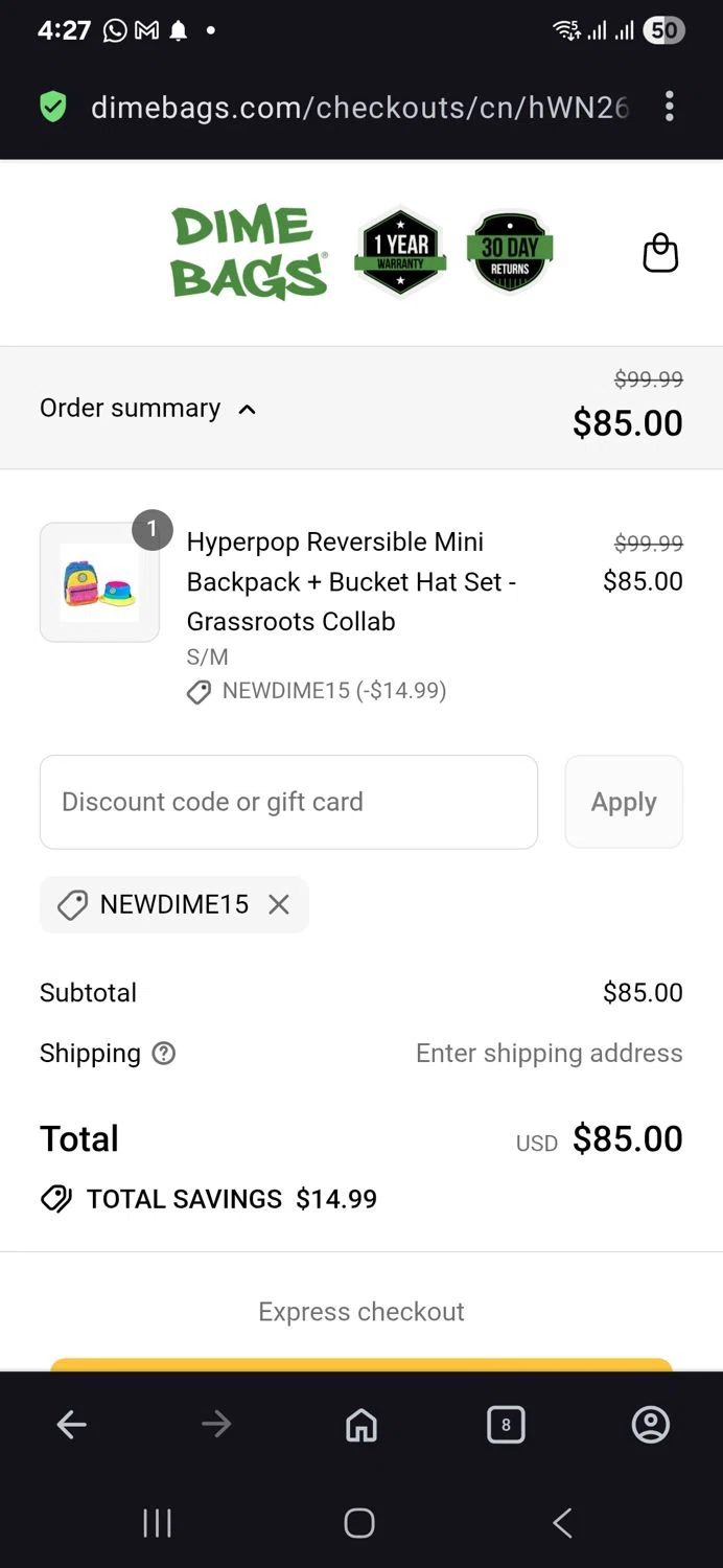 Dime Bags discount code screenshot showing code NEWDIME15 applied at Dime Bags checkout page. Uploaded by SimplyCodes community member vida5254427716958 on Aug 22, 2025