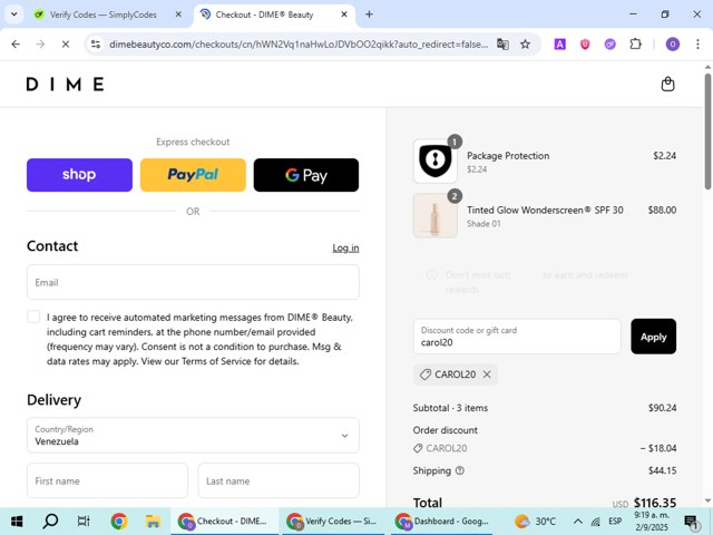DIME Beauty checkout page showing DIME Beauty coupon code box | Screenshot taken by SimplyCodes community member on Sep 2, 2025