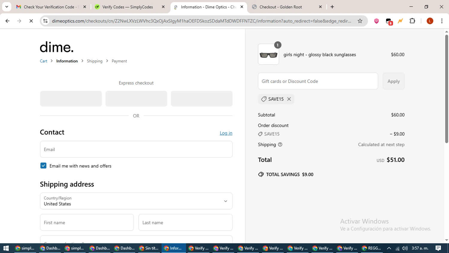 Dime Optics promo code screenshot showing code SAVE15 applied at Dime Optics checkout page. Uploaded by SimplyCodes community member BonusHero9692 on Jun 6, 2025