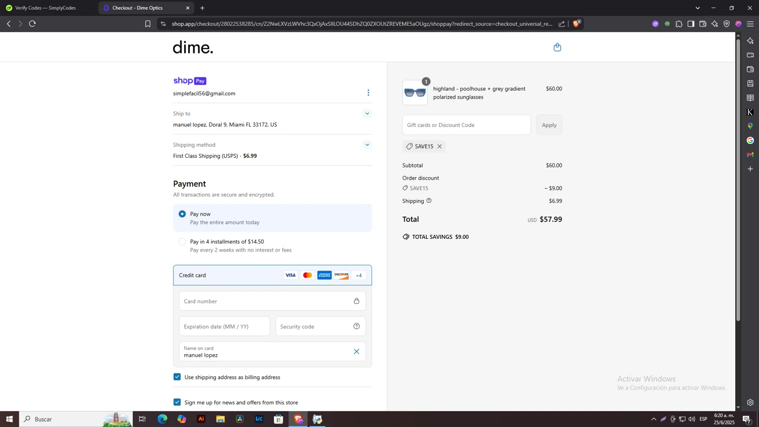 Dime Optics promo code screenshot showing code SAVE15 applied at Dime Optics checkout page. Uploaded by SimplyCodes community member NobleLegend6162 on Jun 25, 2025