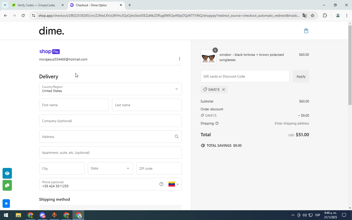 Dime Optics promo code screenshot showing code SAVE15 applied at Dime Optics checkout page. Uploaded by SimplyCodes community member Pipiripicho on Jan 21, 2025