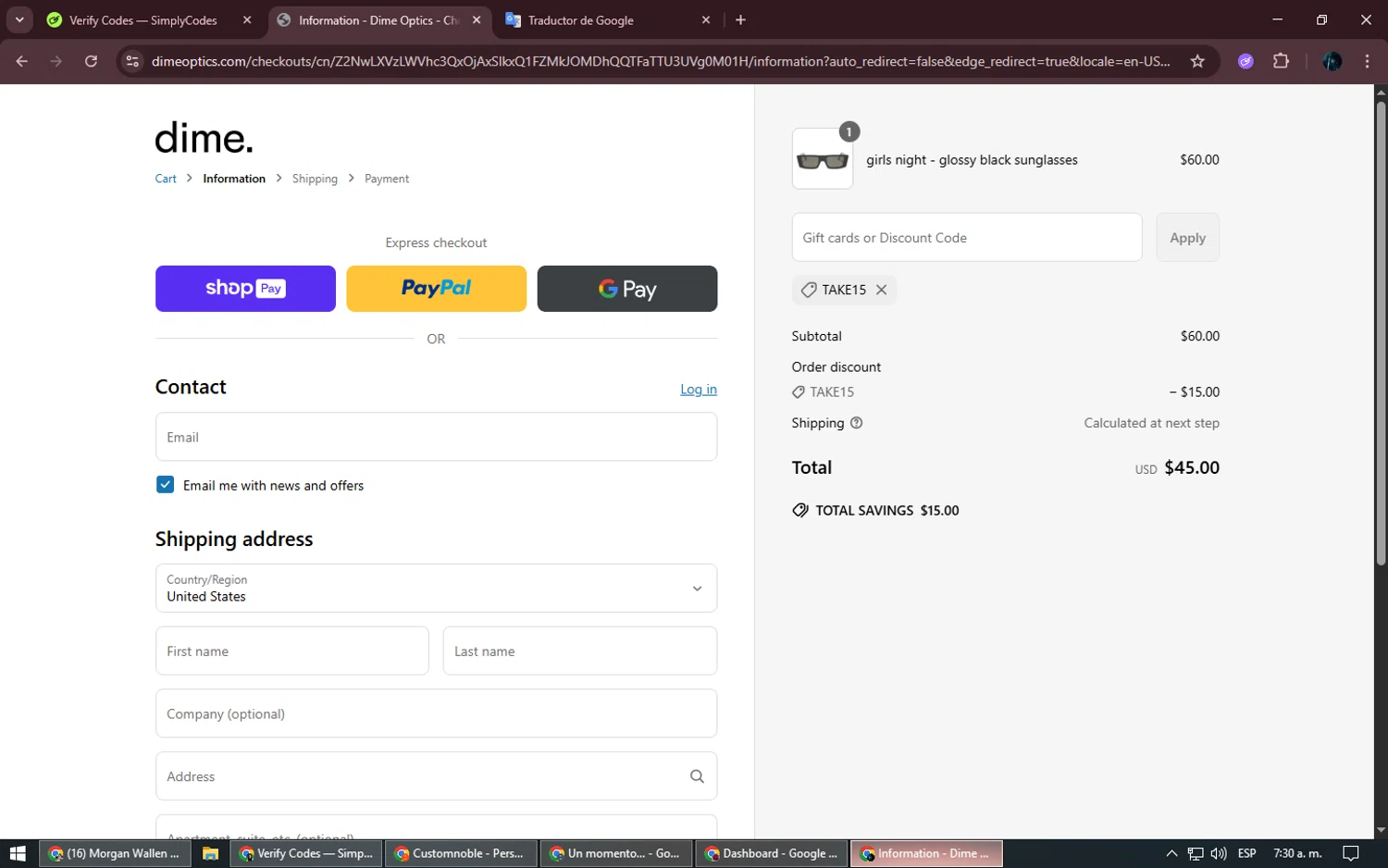 Dime Optics promo code screenshot showing code TAKE15 applied at Dime Optics checkout page. Uploaded by SimplyCodes community member Kurokenshi on Jun 18, 2025