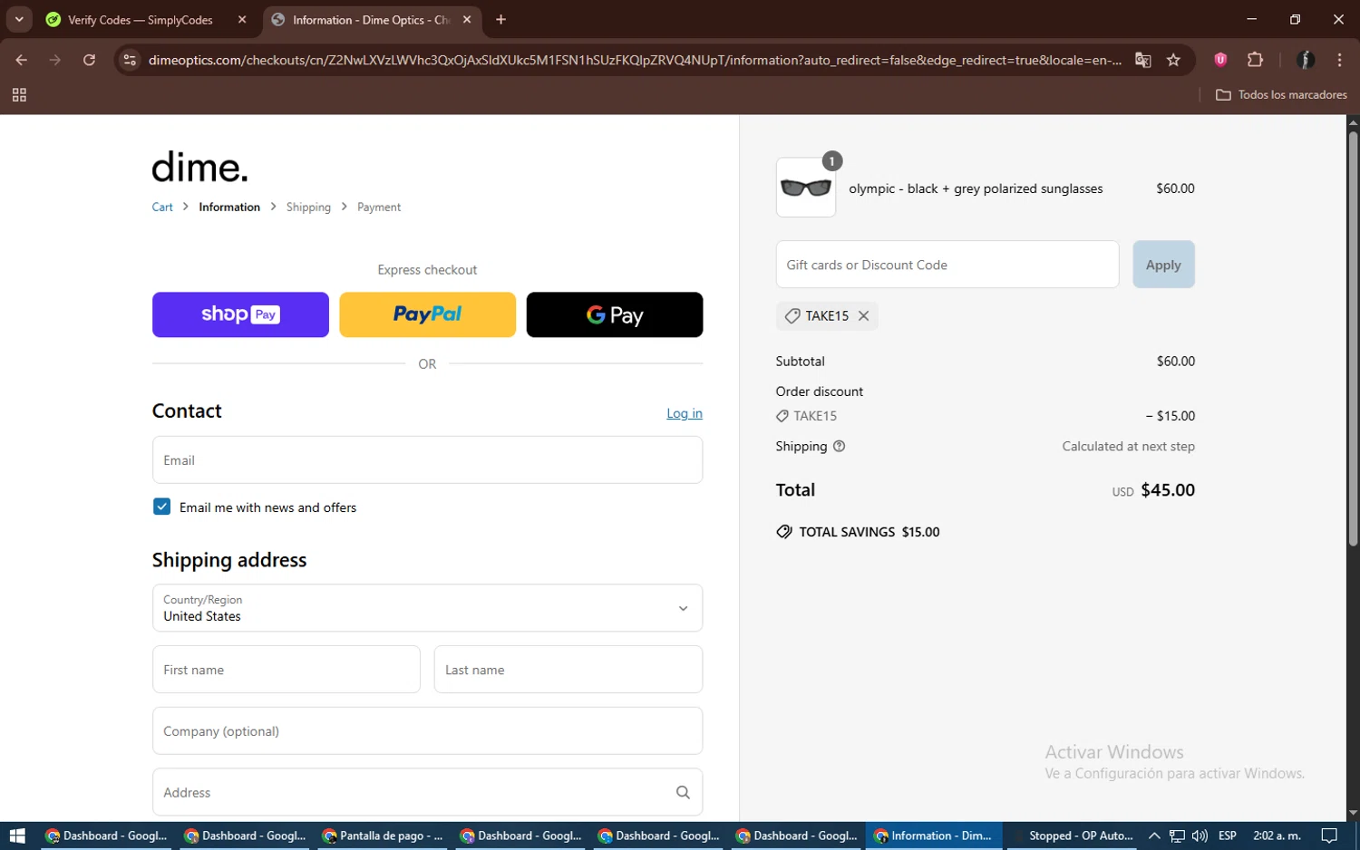 Dime Optics promo code screenshot showing code TAKE15 applied at Dime Optics checkout page. Uploaded by SimplyCodes community member alexdaal on Jun 4, 2025