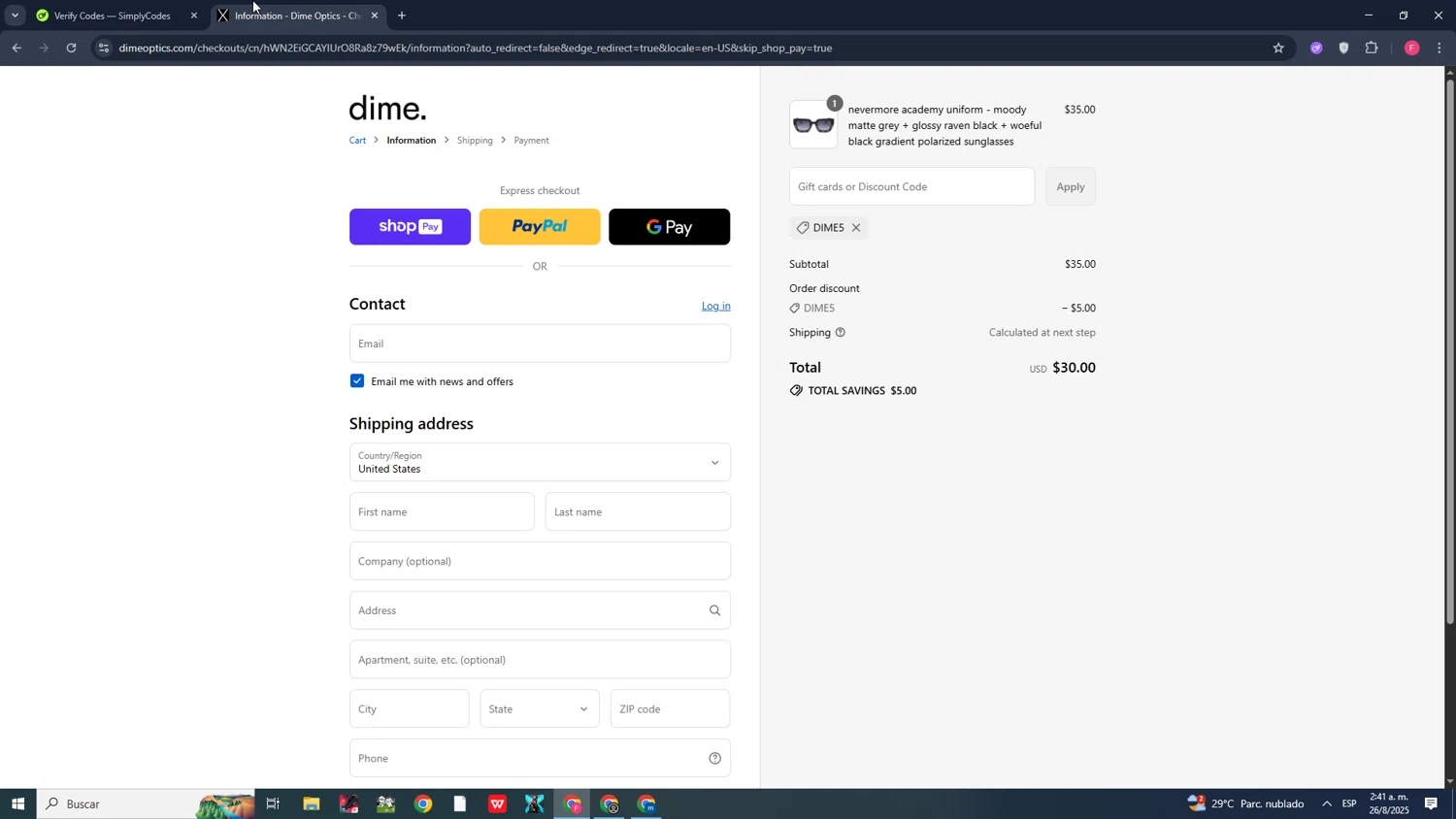 Dime Optics promo code screenshot showing code DIME5 applied at Dime Optics checkout page. Uploaded by SimplyCodes community member CleverMonarch1744 on Aug 26, 2025