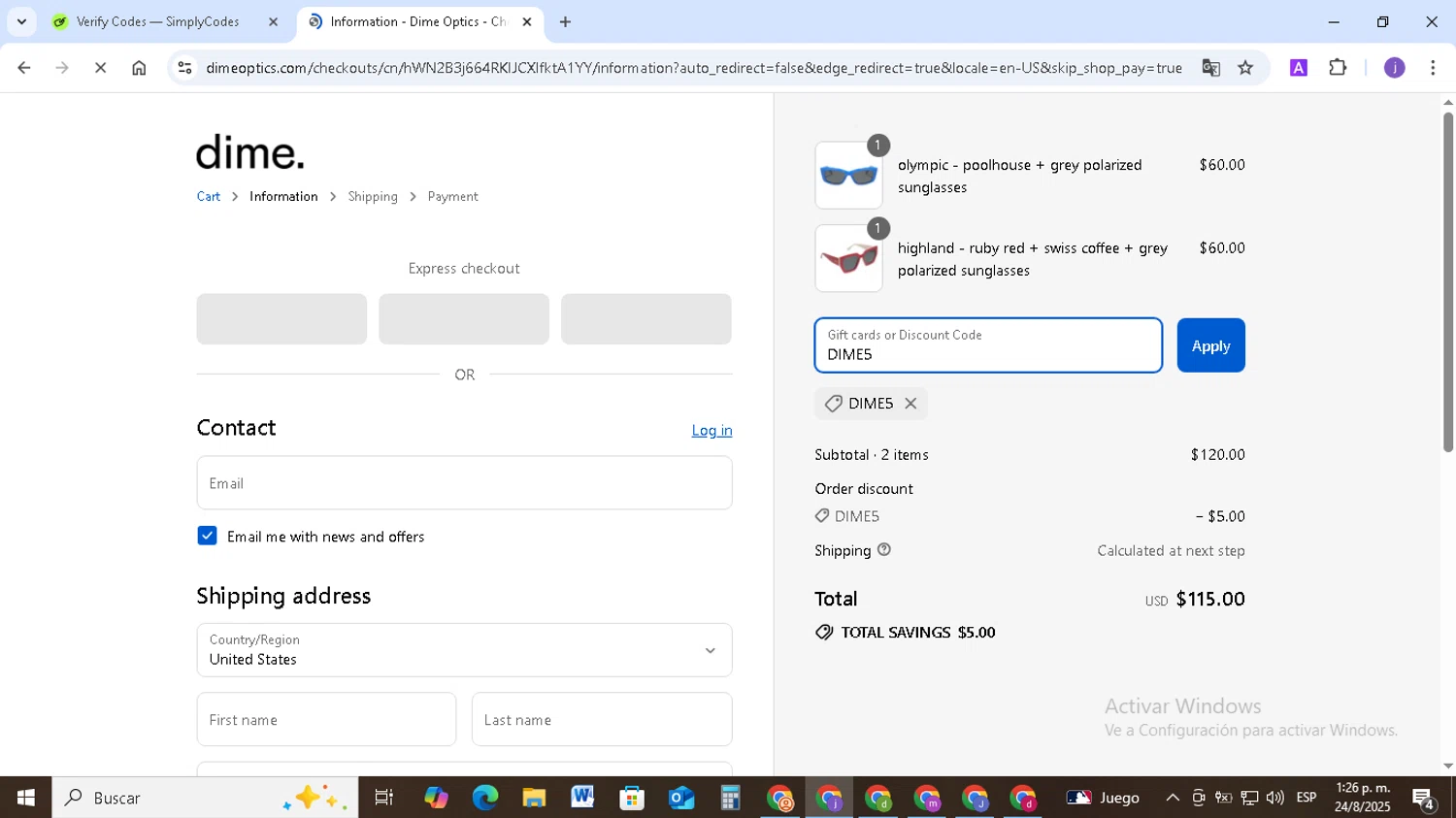 Dime Optics promo code screenshot showing code DIME5 applied at Dime Optics checkout page. Uploaded by SimplyCodes community member TAZ2024 on Aug 24, 2025