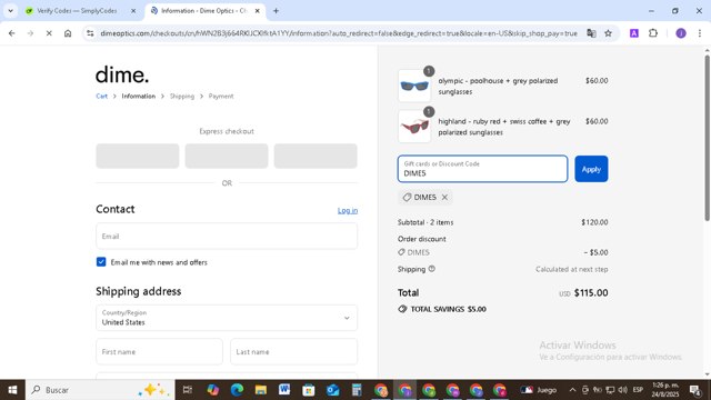 Dime Optics checkout page showing Dime Optics promo code box | Screenshot taken by SimplyCodes community member on Aug 24, 2025