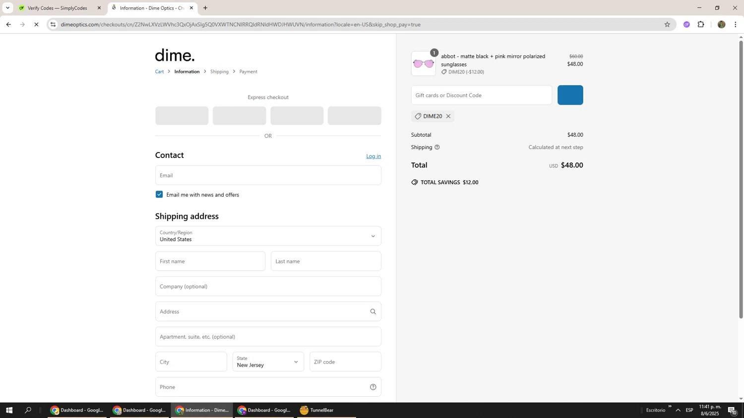 Dime Optics promo code screenshot showing code DIME20 applied at Dime Optics checkout page. Uploaded by SimplyCodes community member Phoenix585 on Jun 9, 2025
