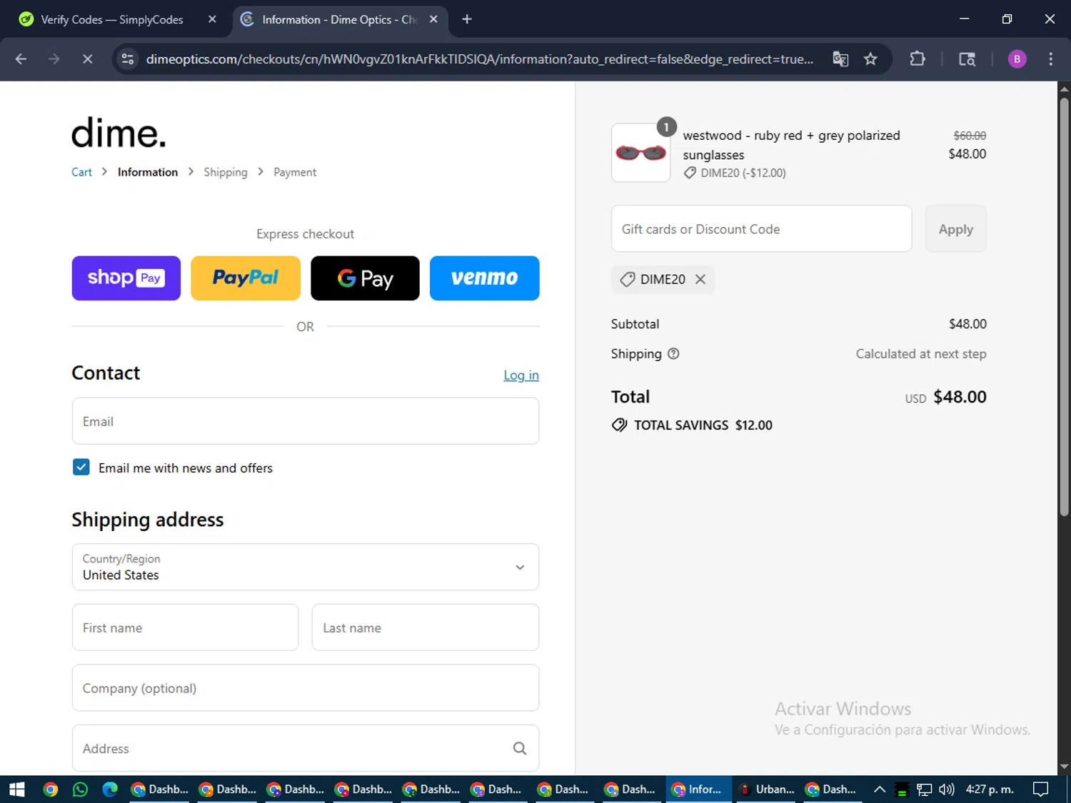 Dime Optics promo code screenshot showing code DIME20 applied at Dime Optics checkout page. Uploaded by SimplyCodes community member travisscott on Jul 22, 2025