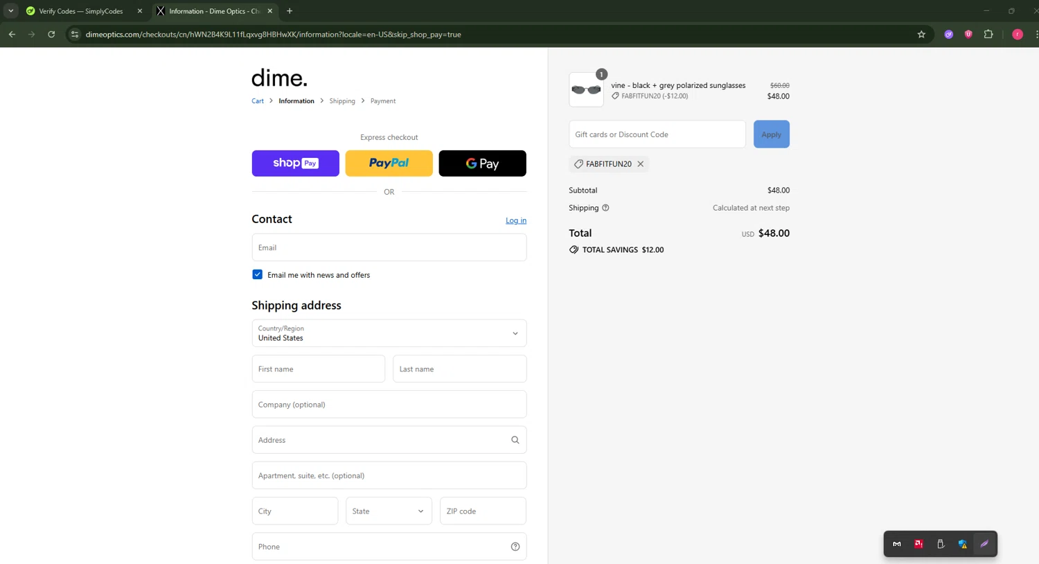 Dime Optics promo code screenshot showing code FABFITFUN20 applied at Dime Optics checkout page. Uploaded by SimplyCodes community member CouponSage7331 on Aug 24, 2025