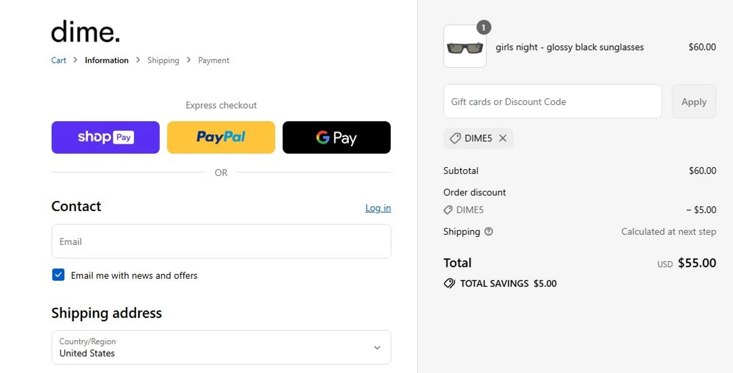 Dime Optics promo code screenshot showing code DIME5 applied at Dime Optics checkout page. Uploaded by SimplyCodes community member angelfigueroa2008 on Aug 24, 2025