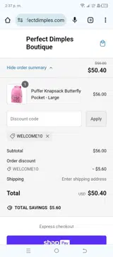WELCOME10 coupon verification screenshot