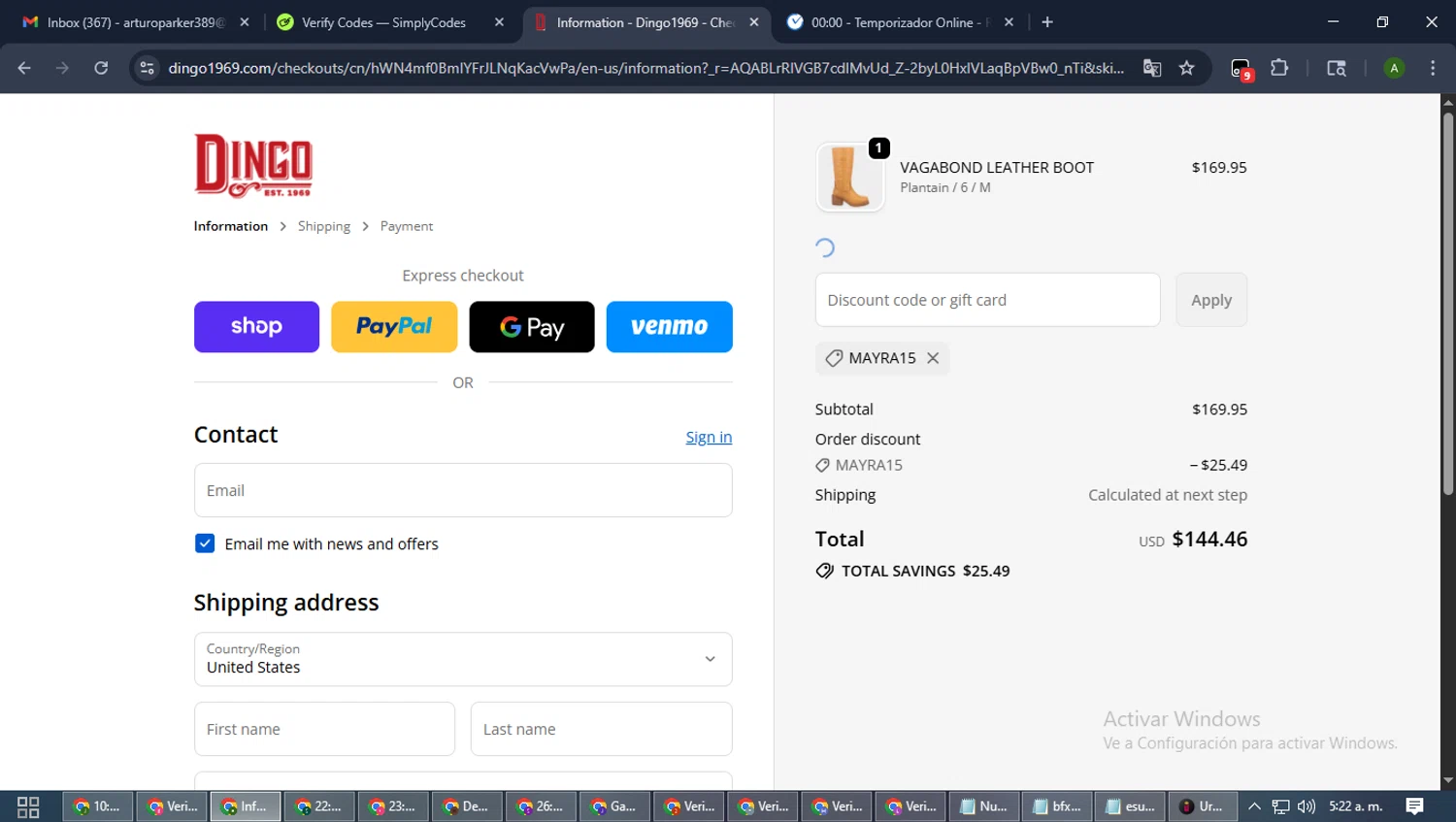 Dingo 1969 promo code screenshot showing code MAYRA15 applied at Dingo 1969 checkout page. Uploaded by SimplyCodes community member CashLynx5338 on Nov 1, 2025