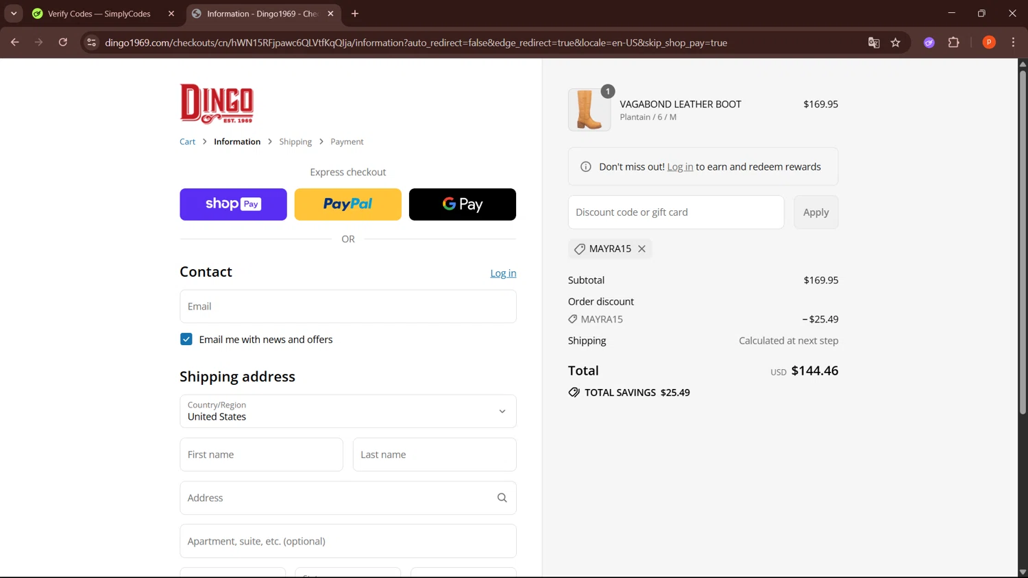 Dingo 1969 promo code screenshot showing code MAYRA15 applied at Dingo 1969 checkout page. Uploaded by SimplyCodes community member LegendaryPro3698 on Jul 26, 2025