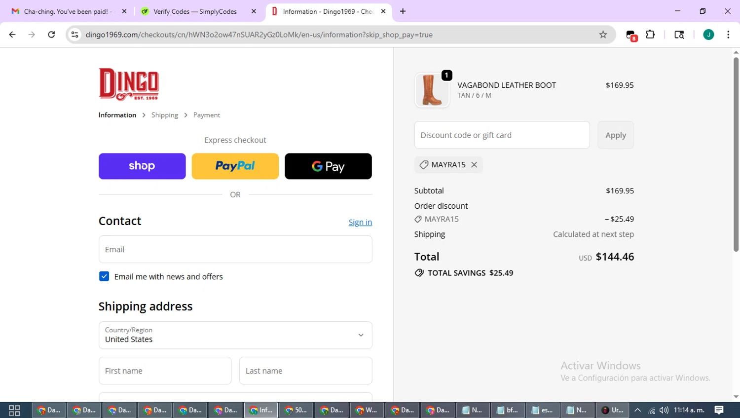 Dingo 1969 promo code screenshot showing code MAYRA15 applied at Dingo 1969 checkout page. Uploaded by SimplyCodes community member SavvyCurator1770 on Oct 6, 2025