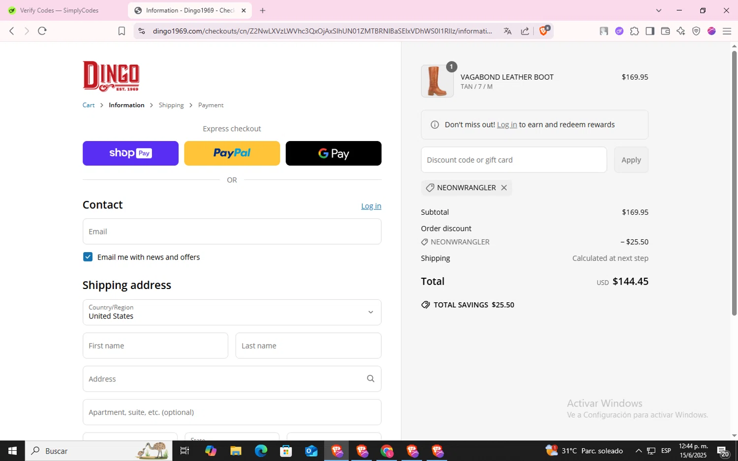 Dingo 1969 promo code screenshot showing code NEONWRANGLER applied at Dingo 1969 checkout page. Uploaded by SimplyCodes community member CodeLynx5272 on Jun 15, 2025