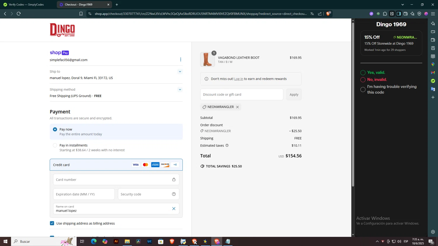 Dingo 1969 promo code screenshot showing code NEONWRANGLER applied at Dingo 1969 checkout page. Uploaded by SimplyCodes community member ELHIJOEMILA on Jun 18, 2025