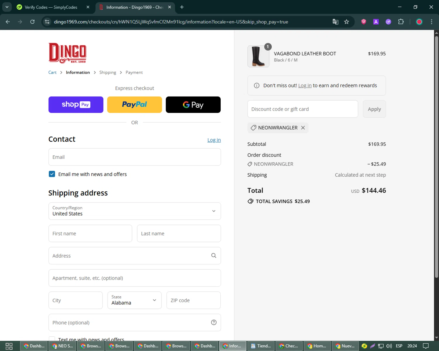 Dingo 1969 promo code screenshot showing code NEONWRANGLER applied at Dingo 1969 checkout page. Uploaded by SimplyCodes community member William_Jones on Aug 4, 2025