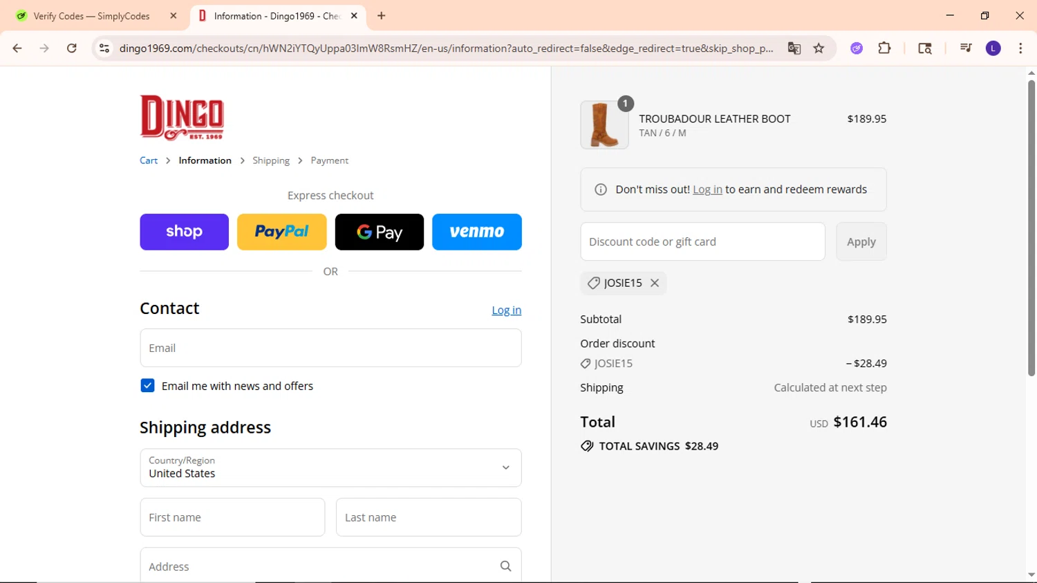 Dingo 1969 promo code screenshot showing code JOSIE15 applied at Dingo 1969 checkout page. Uploaded by SimplyCodes community member EpicWarden3081 on Sep 7, 2025