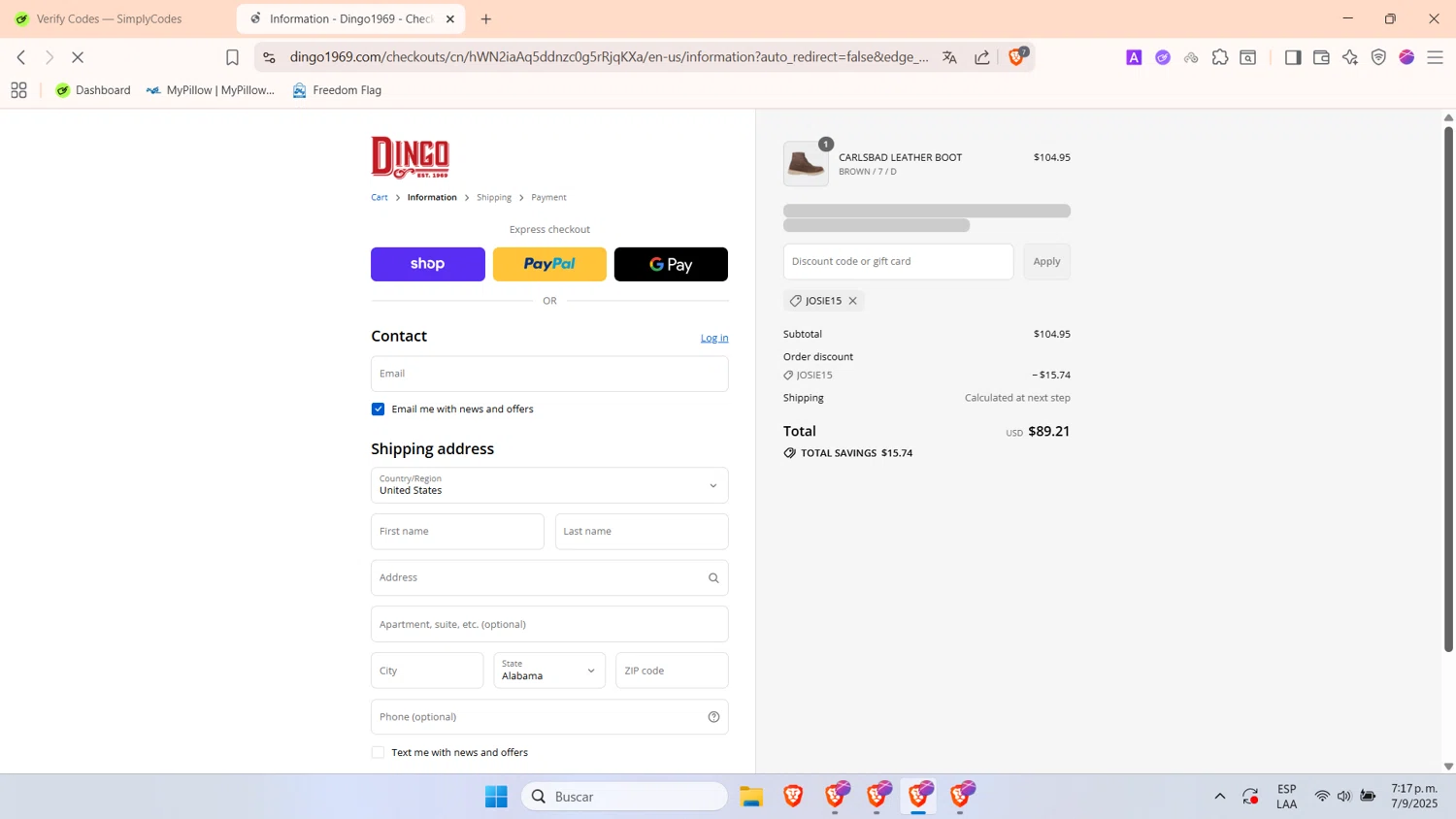 Dingo 1969 promo code screenshot showing code JOSIE15 applied at Dingo 1969 checkout page. Uploaded by SimplyCodes community member WonderHawk4190 on Sep 7, 2025