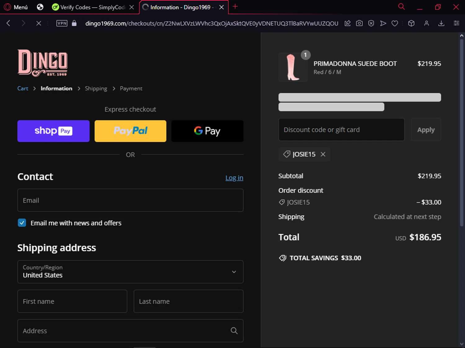 Dingo 1969 promo code screenshot showing code JOSIE15 applied at Dingo 1969 checkout page. Uploaded by SimplyCodes community member RoyalMaestro2129 on Feb 10, 2025