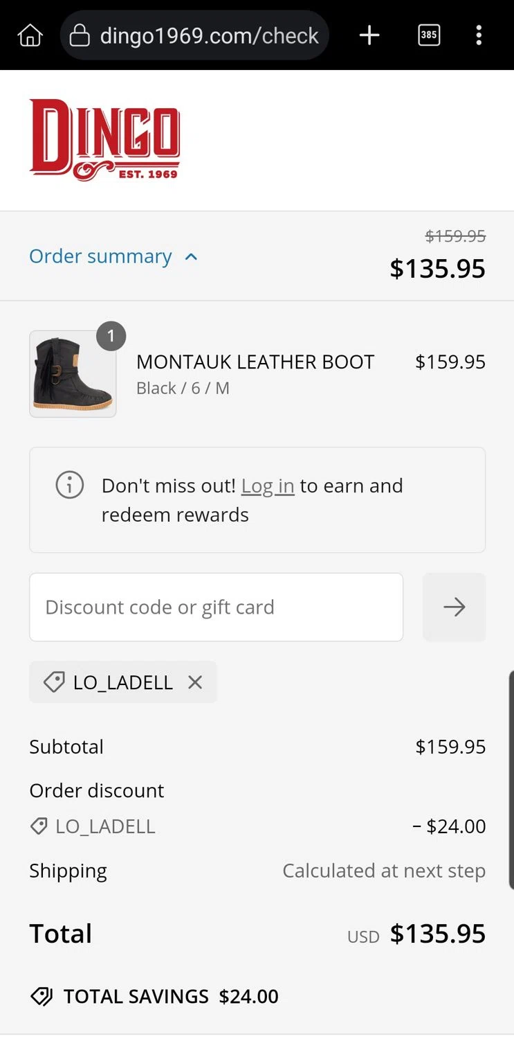 Dingo 1969 promo code screenshot showing code LO_LADELL applied at Dingo 1969 checkout page. Uploaded by SimplyCodes community member Carloslvz on Jan 29, 2025