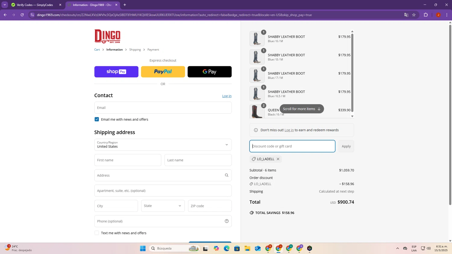 Dingo 1969 promo code screenshot showing code LO_LADELL applied at Dingo 1969 checkout page. Uploaded by SimplyCodes community member SalvadorC on Mar 15, 2025