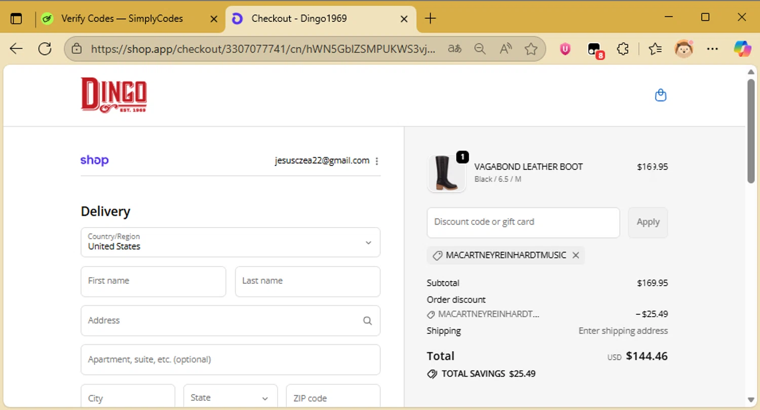 Dingo 1969 promo code screenshot showing code RANDIMELLIES applied at Dingo 1969 checkout page. Uploaded by SimplyCodes community member DonutPunks on Nov 14, 2025