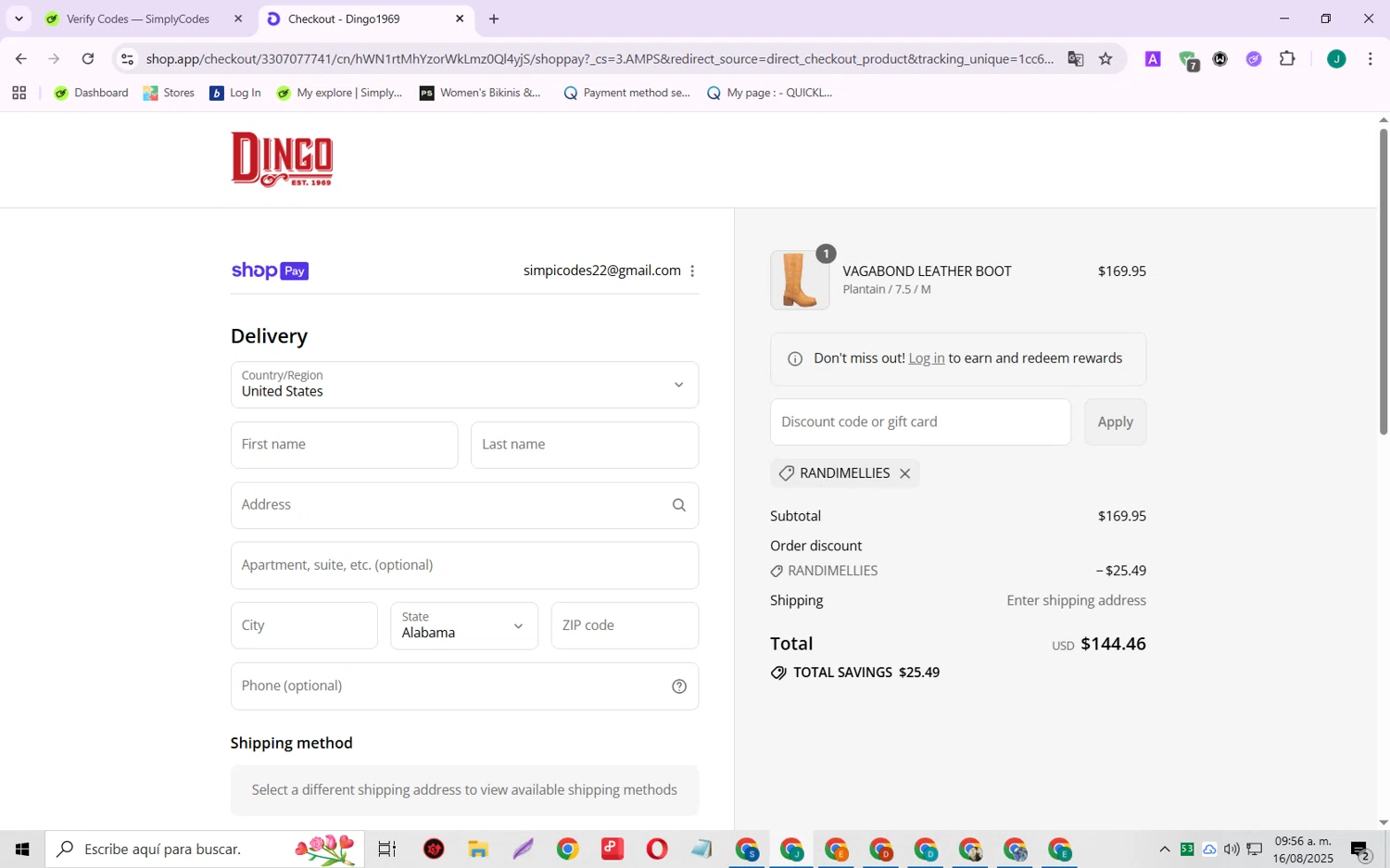 Dingo 1969 promo code screenshot showing code RANDIMELLIES applied at Dingo 1969 checkout page. Uploaded by SimplyCodes community member SarayH on Aug 16, 2025
