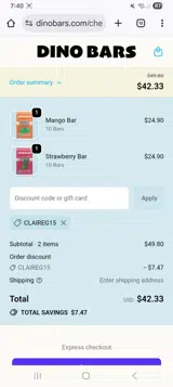Dino Bars coupon verification screenshot