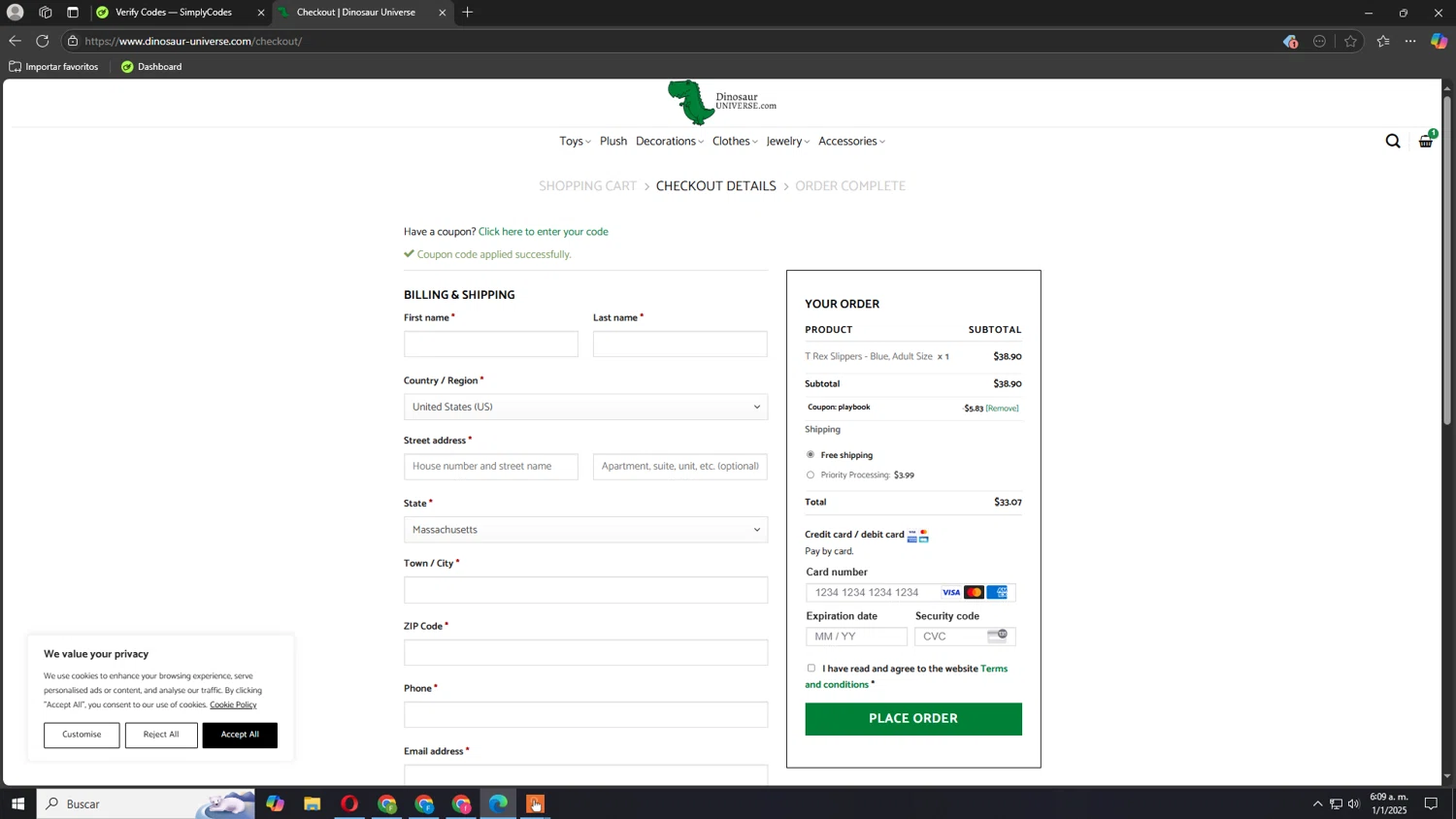 Dinosaur Universe promo code screenshot showing code playbook applied at Dinosaur Universe checkout page. Uploaded by SimplyCodes community member Akatsuki on Jan 1, 2025